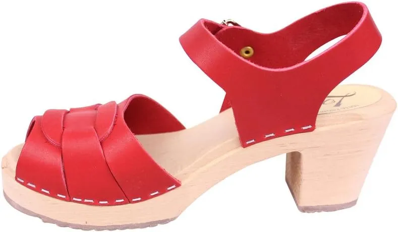 Swedish Peep Toe Clogs - Red Leather Clogs for Women I Supportive & Comfortable Wooden Clog I 2 3/4 inch Heel & 3/4 inch Platform