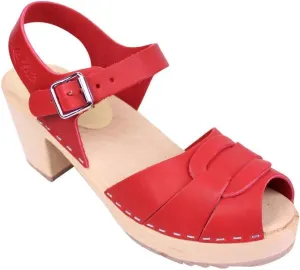 Swedish Peep Toe Clogs - Red Leather Clogs for Women I Supportive & Comfortable Wooden Clog I 2 3/4 inch Heel & 3/4 inch Platform