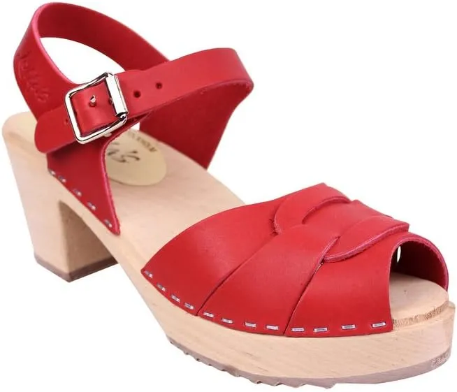 Swedish Peep Toe Clogs - Red Leather Clogs for Women I Supportive & Comfortable Wooden Clog I 2 3/4 inch Heel & 3/4 inch Platform