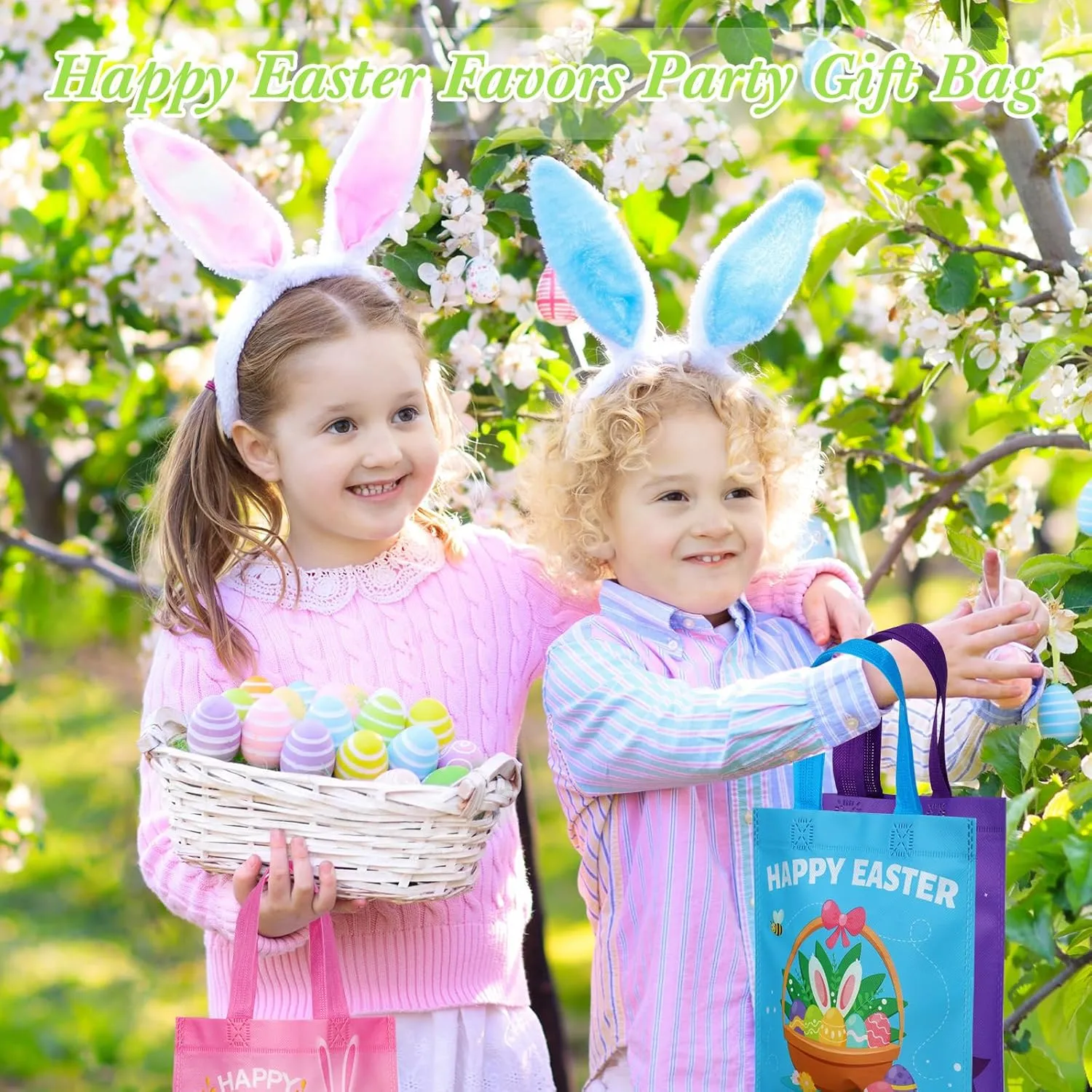 Sweetude 30 Pcs Easter Tote Bags Bulk Easter Gift Treat Bags with Handles Reusable Non Woven Bunny Rabbit Egg Goodie Party Favor Packages for Party Supplies