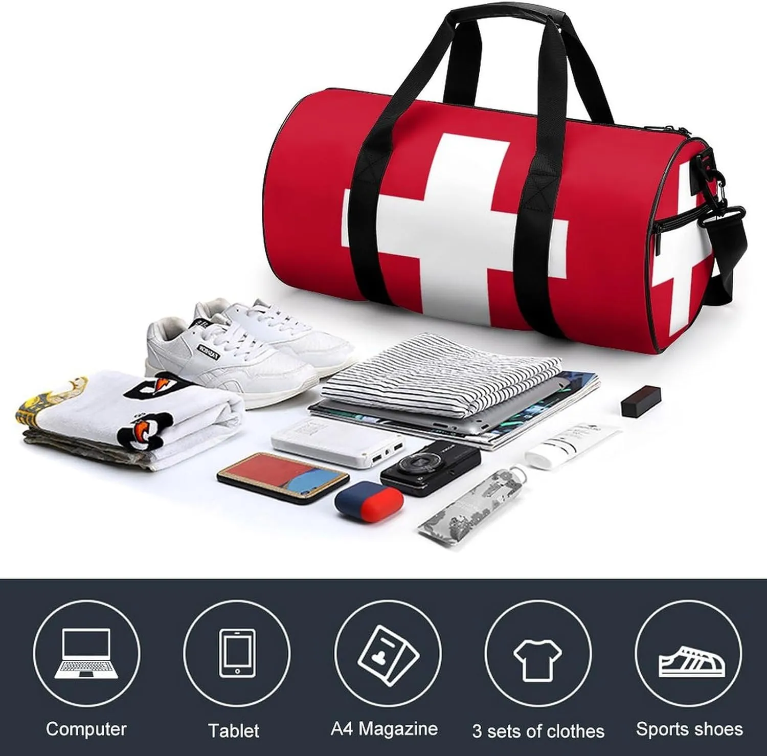 Switzerland Flag Large Capacity Sports Duffel Bag for Gym Travel Weekend for Men Women