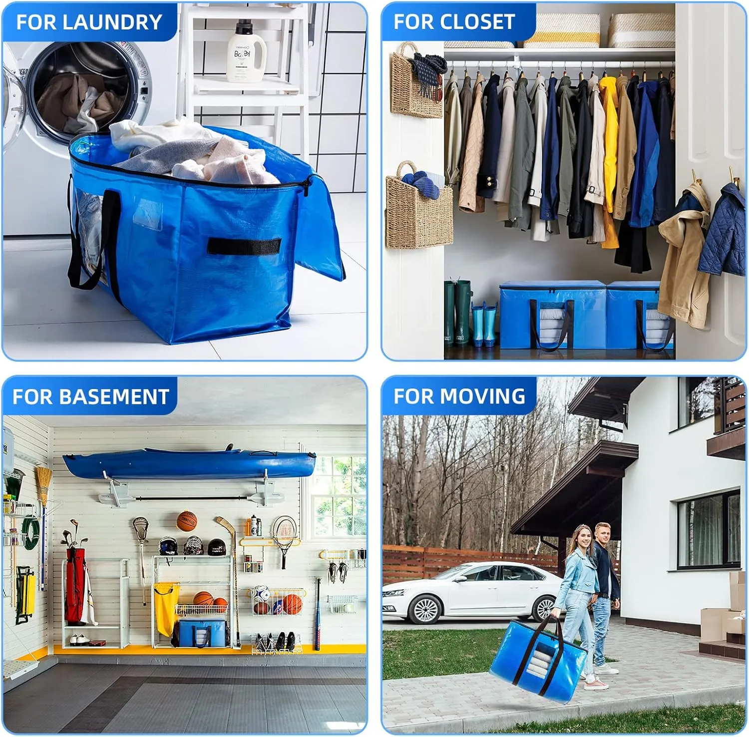 TAILI Extra Large Moving Bags, 4 Pack Blue Heavy Duty Totes For Storage with Visible Window, Wrap Around Handles, Storage Bags for Space Saving, Alternative to Moving Boxes