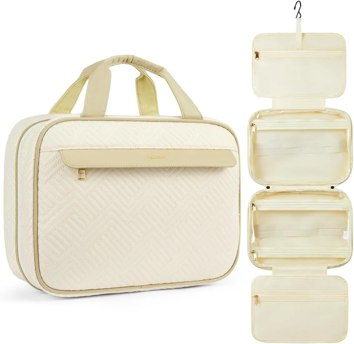 Telena Hanging Travel Toiletry Bag - Quilted Convenient & Stylish Organizer for Traveling Women, White with Khaki