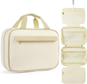 Telena Hanging Travel Toiletry Bag - Quilted Convenient & Stylish Organizer for Traveling Women, White with Khaki