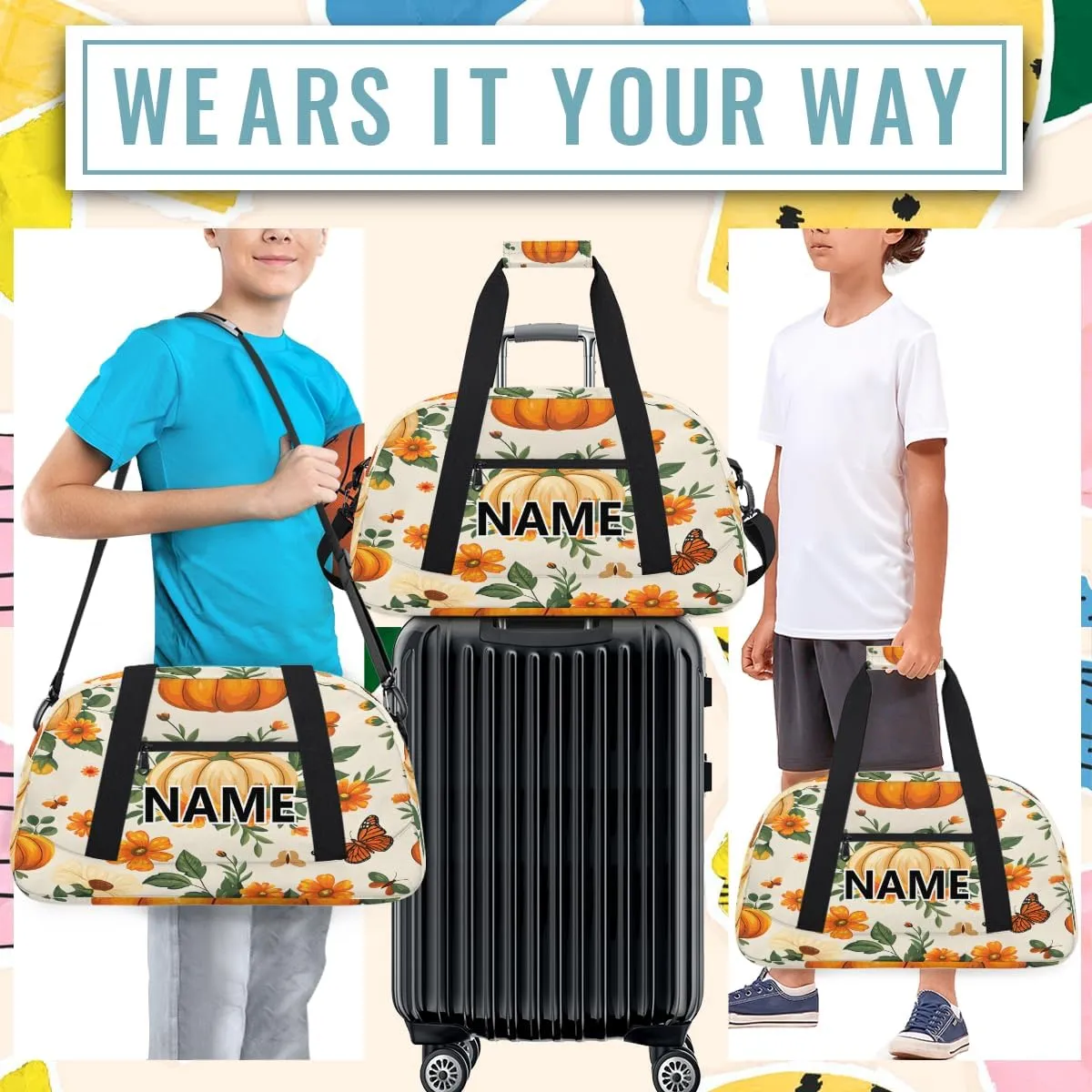 Thanksgiving Custom Small Gym Bag 18 inch for Women Men Personalized Pumpkin Carry On Overnight Weekender Bag for Travel Work Dance Sport