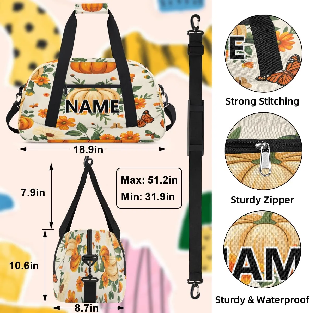 Thanksgiving Custom Small Gym Bag 18 inch for Women Men Personalized Pumpkin Carry On Overnight Weekender Bag for Travel Work Dance Sport