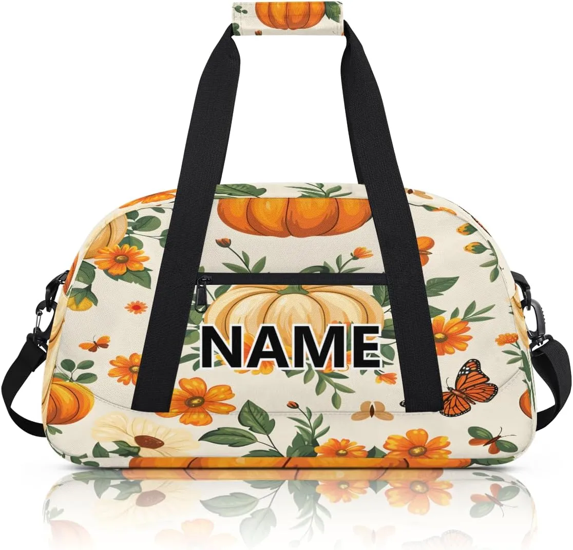 Thanksgiving Custom Small Gym Bag 18 inch for Women Men Personalized Pumpkin Carry On Overnight Weekender Bag for Travel Work Dance Sport