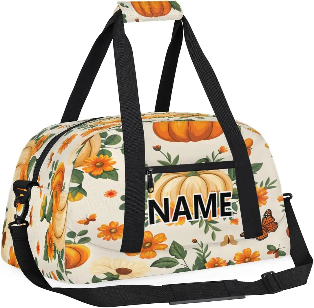 Thanksgiving Custom Small Gym Bag 18 inch for Women Men Personalized Pumpkin Carry On Overnight Weekender Bag for Travel Work Dance Sport