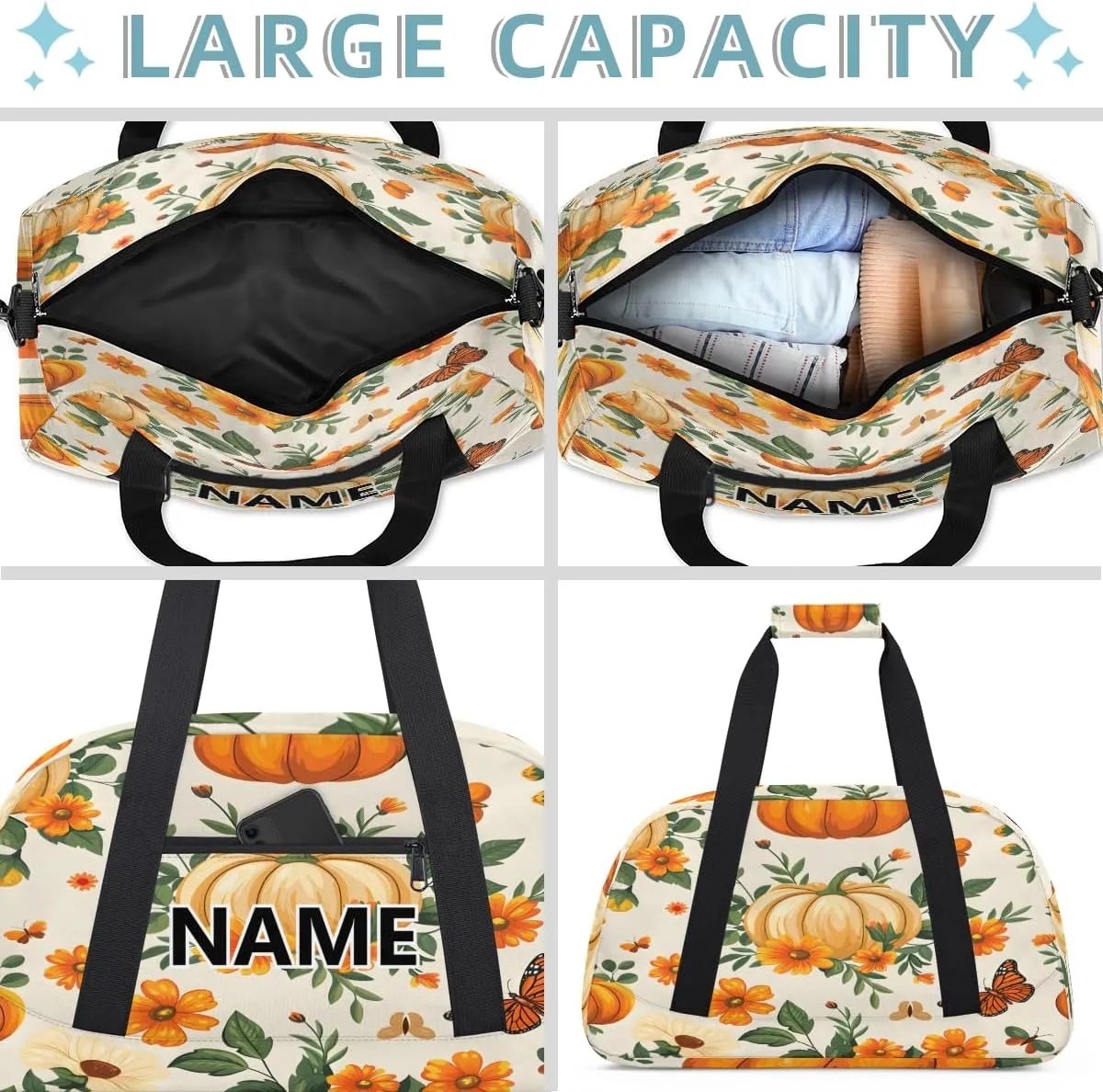 Thanksgiving Custom Small Gym Bag 18 inch for Women Men Personalized Pumpkin Carry On Overnight Weekender Bag for Travel Work Dance Sport