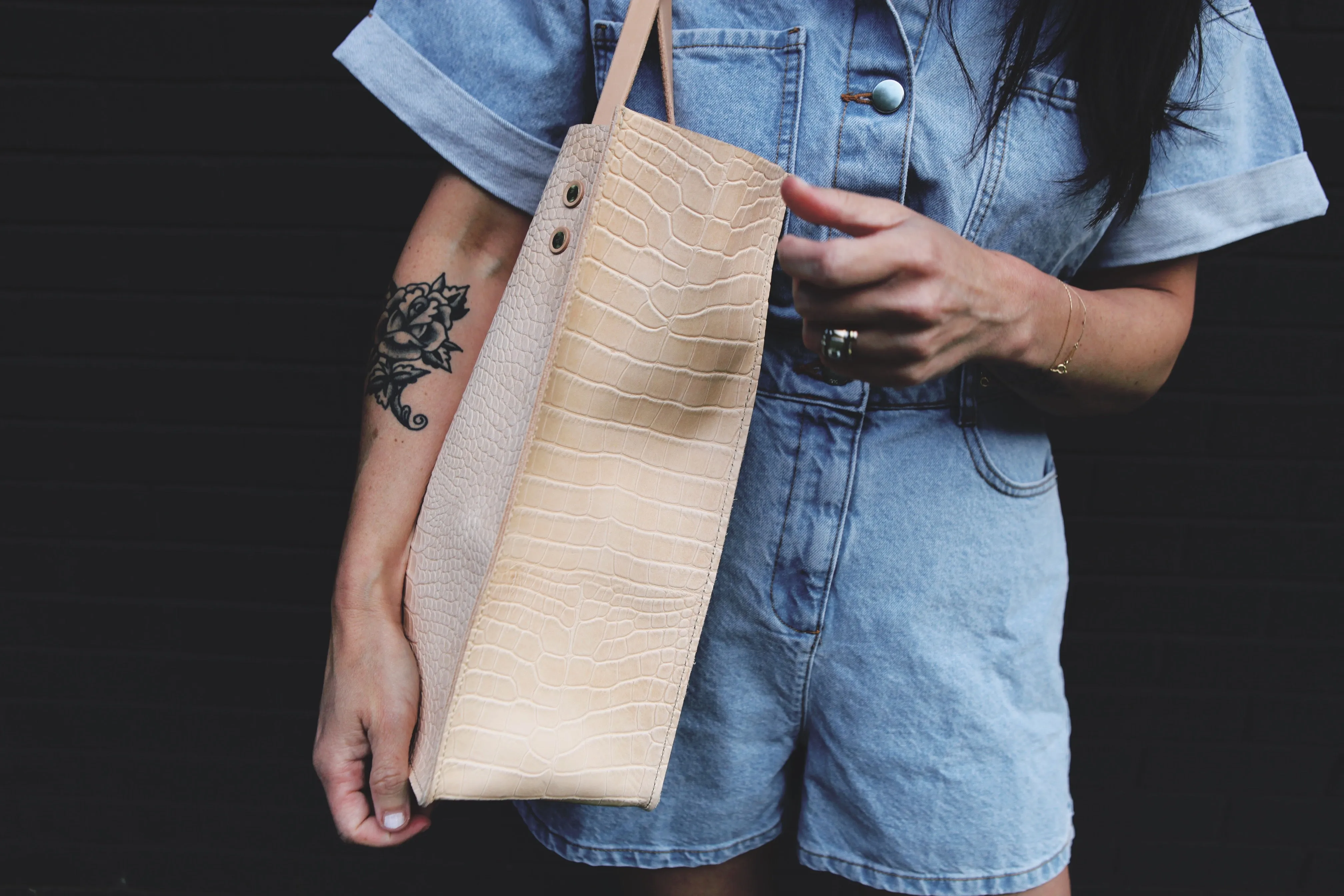 the paneled tote, croc embossed natural