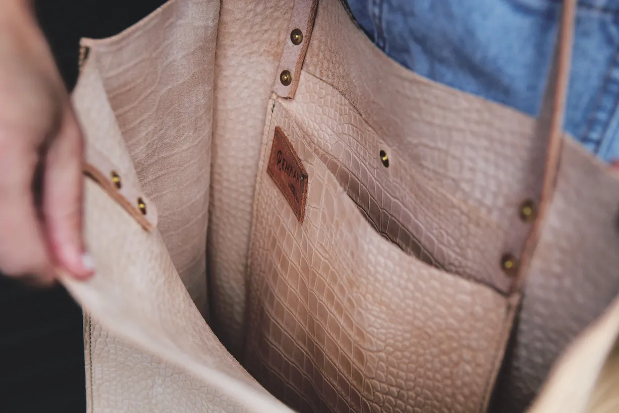 the paneled tote, croc embossed natural