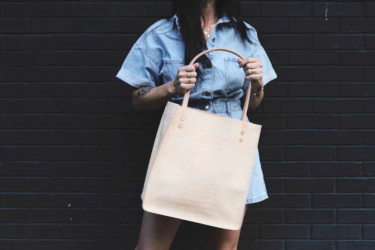 the paneled tote, croc embossed natural
