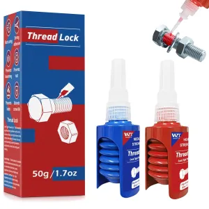 Thread Lock Blue and Red, Lock Tight Threadlocker Medium and High Strength, Thread Locker for Nuts, Bolts, Fasteners and Metals, Prevent Loosening and Corrosion (50 mlx2)