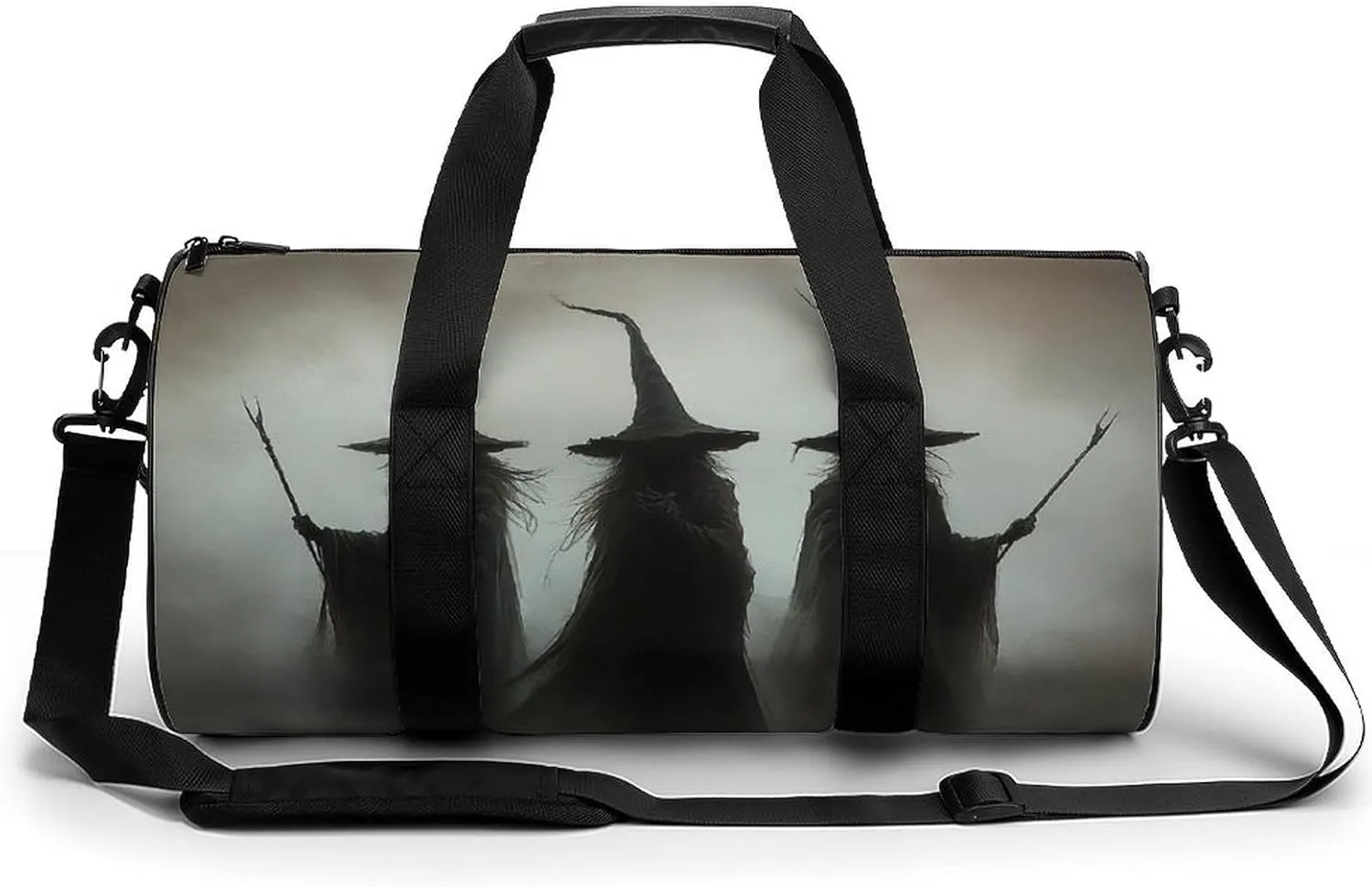 Three Dark Witches Holding Wands Travel Gym Bag for Women Men Halloween Dark Aesthetic Cylindrical Duffle Bag Sport Workout Bag with Shoulder Strap