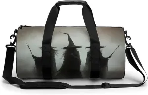 Three Dark Witches Holding Wands Travel Gym Bag for Women Men Halloween Dark Aesthetic Cylindrical Duffle Bag Sport Workout Bag with Shoulder Strap