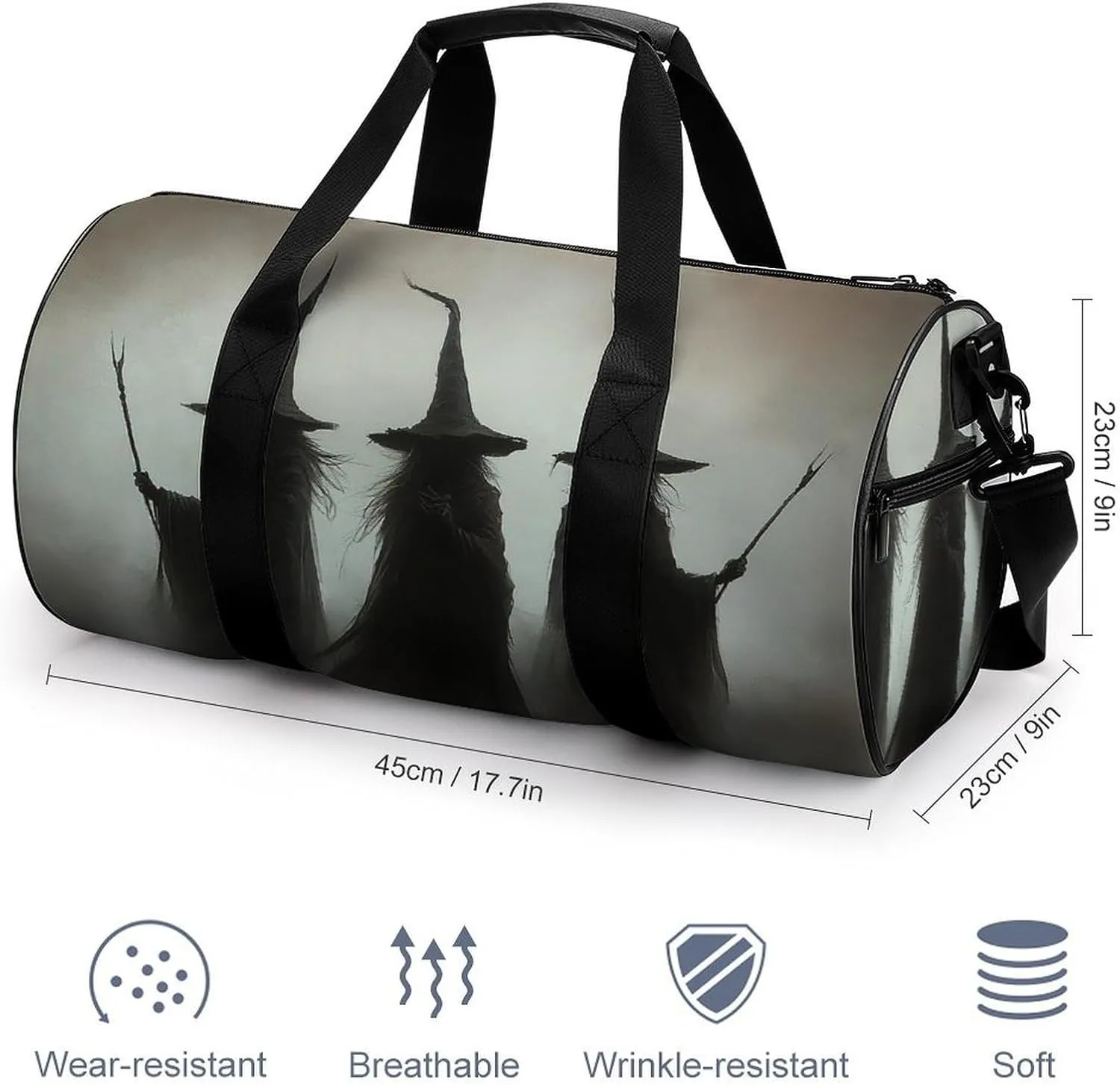 Three Dark Witches Holding Wands Travel Gym Bag for Women Men Halloween Dark Aesthetic Cylindrical Duffle Bag Sport Workout Bag with Shoulder Strap