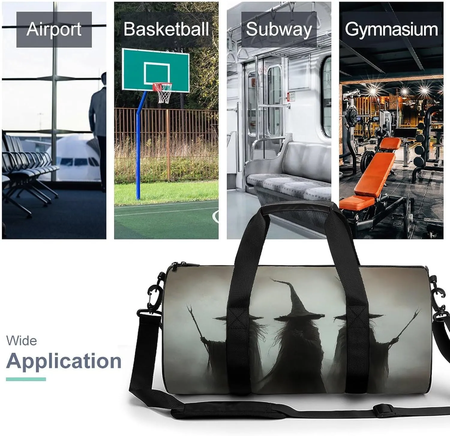 Three Dark Witches Holding Wands Travel Gym Bag for Women Men Halloween Dark Aesthetic Cylindrical Duffle Bag Sport Workout Bag with Shoulder Strap