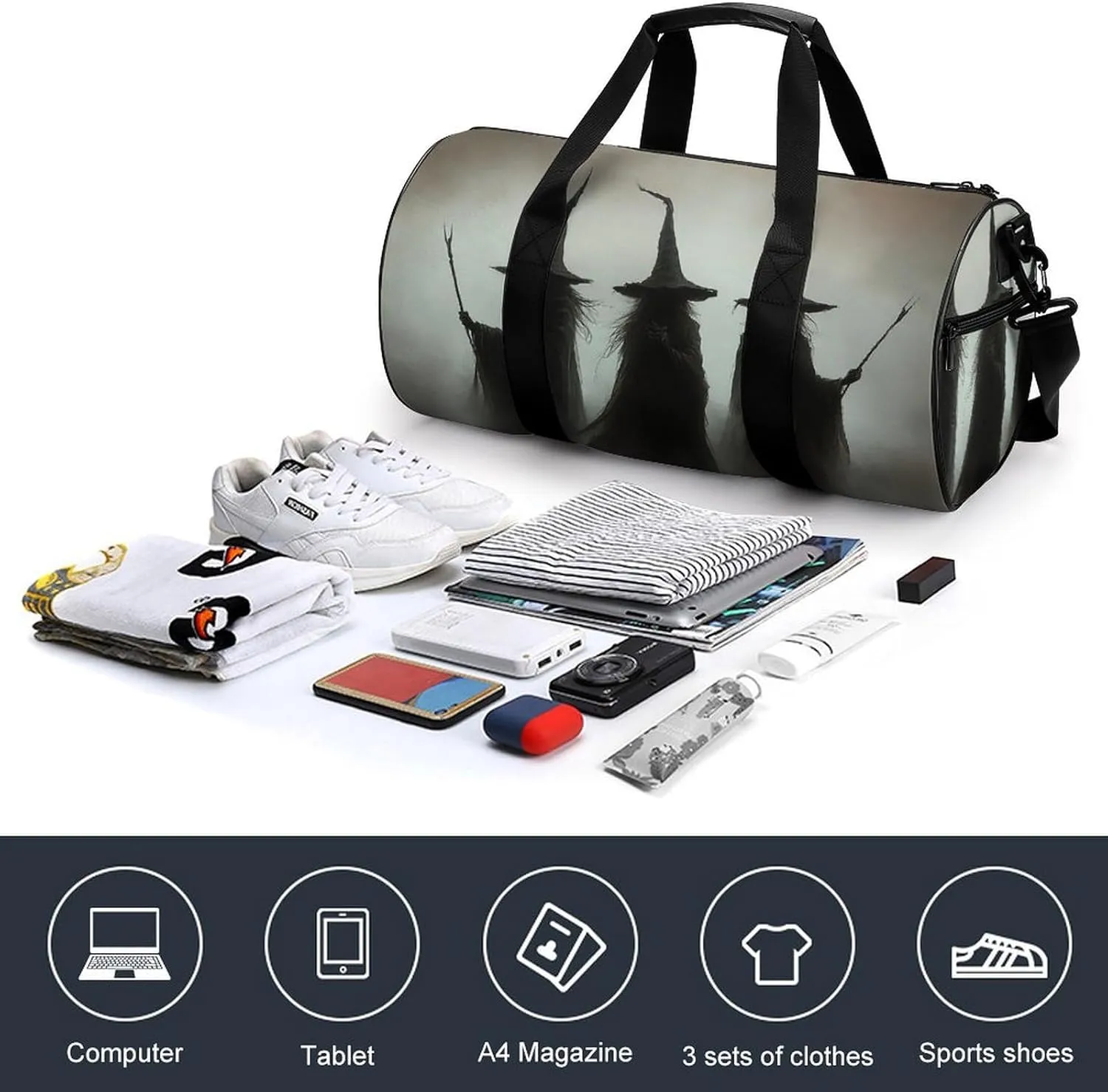 Three Dark Witches Holding Wands Travel Gym Bag for Women Men Halloween Dark Aesthetic Cylindrical Duffle Bag Sport Workout Bag with Shoulder Strap