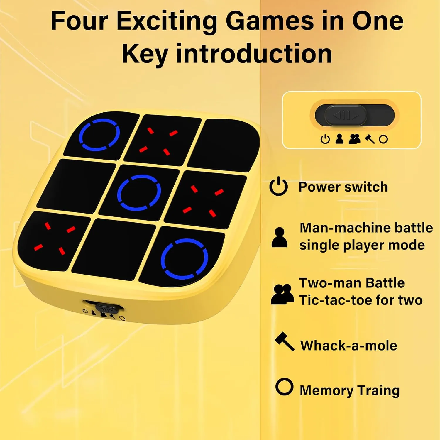 Tic Tac Toe Bolt Game, 4-in-1 Handheld Puzzle Game Console,Electronic Tic Tac Toe Game for Educational and Memory Growth, Portable Travel Games for Car Ride, Board Games for Kids and Adults(Yellow)