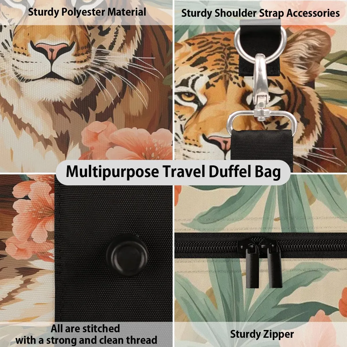 Tiger Print Travel Duffel Bag for Women Men Waterproof Foldable Overnight Weekender Bag Large Capacity Sports Gym Bag