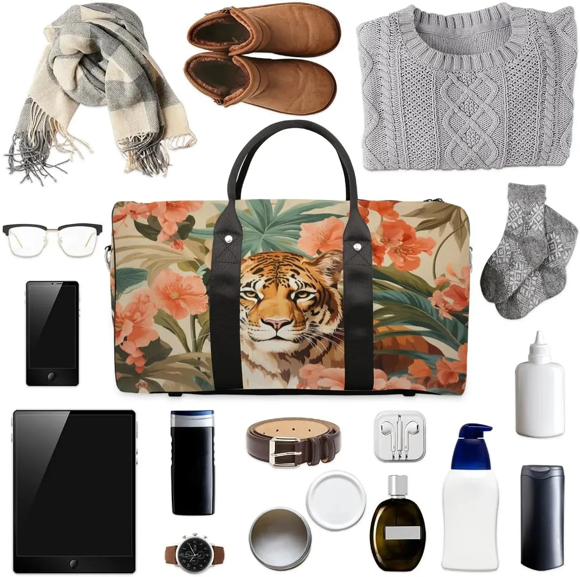 Tiger Print Travel Duffel Bag for Women Men Waterproof Foldable Overnight Weekender Bag Large Capacity Sports Gym Bag
