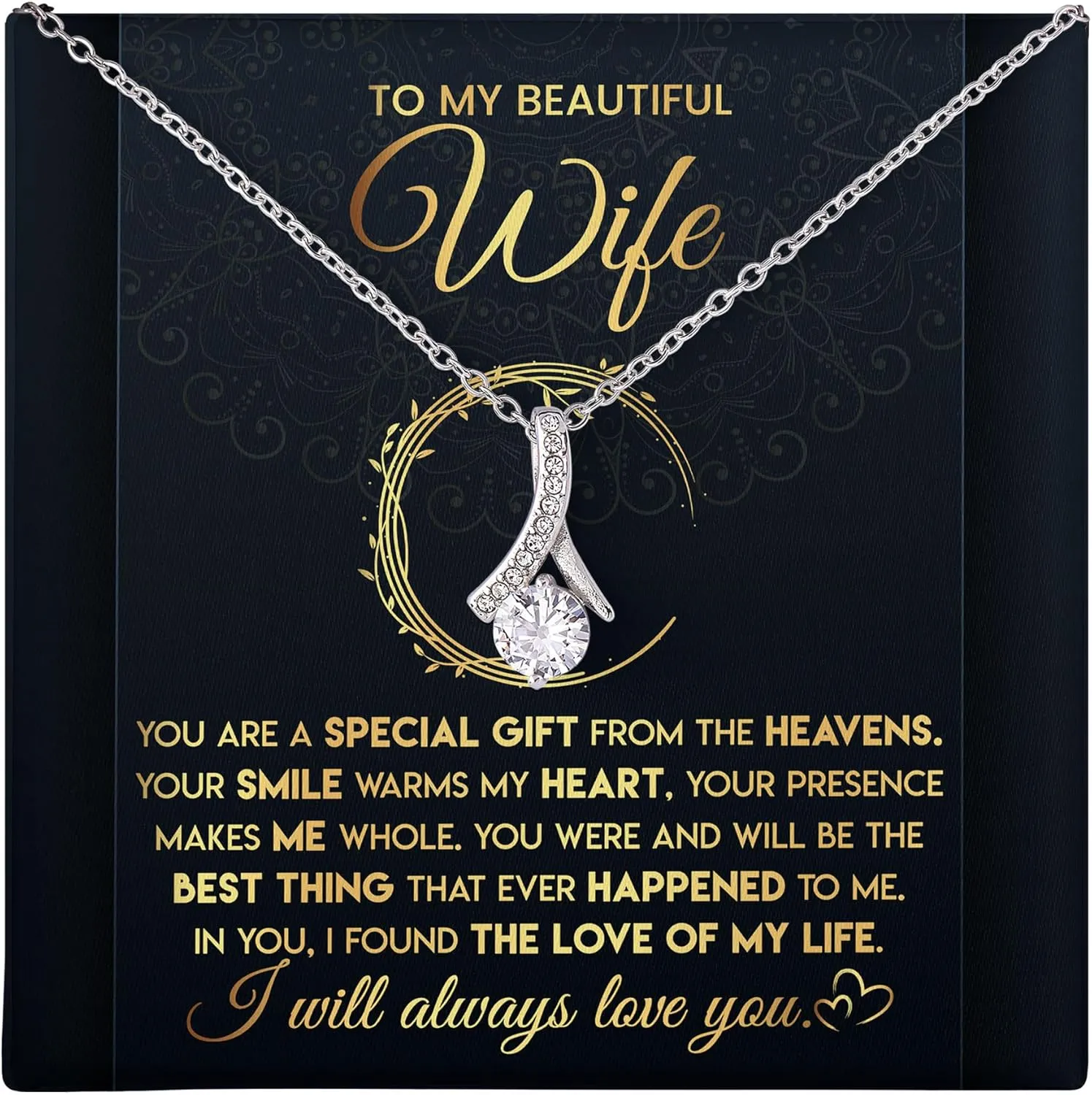 To My Beautiful Wife Necklace From Husband With Heartfelt Message, Birthday Gift With Emotional Message Card