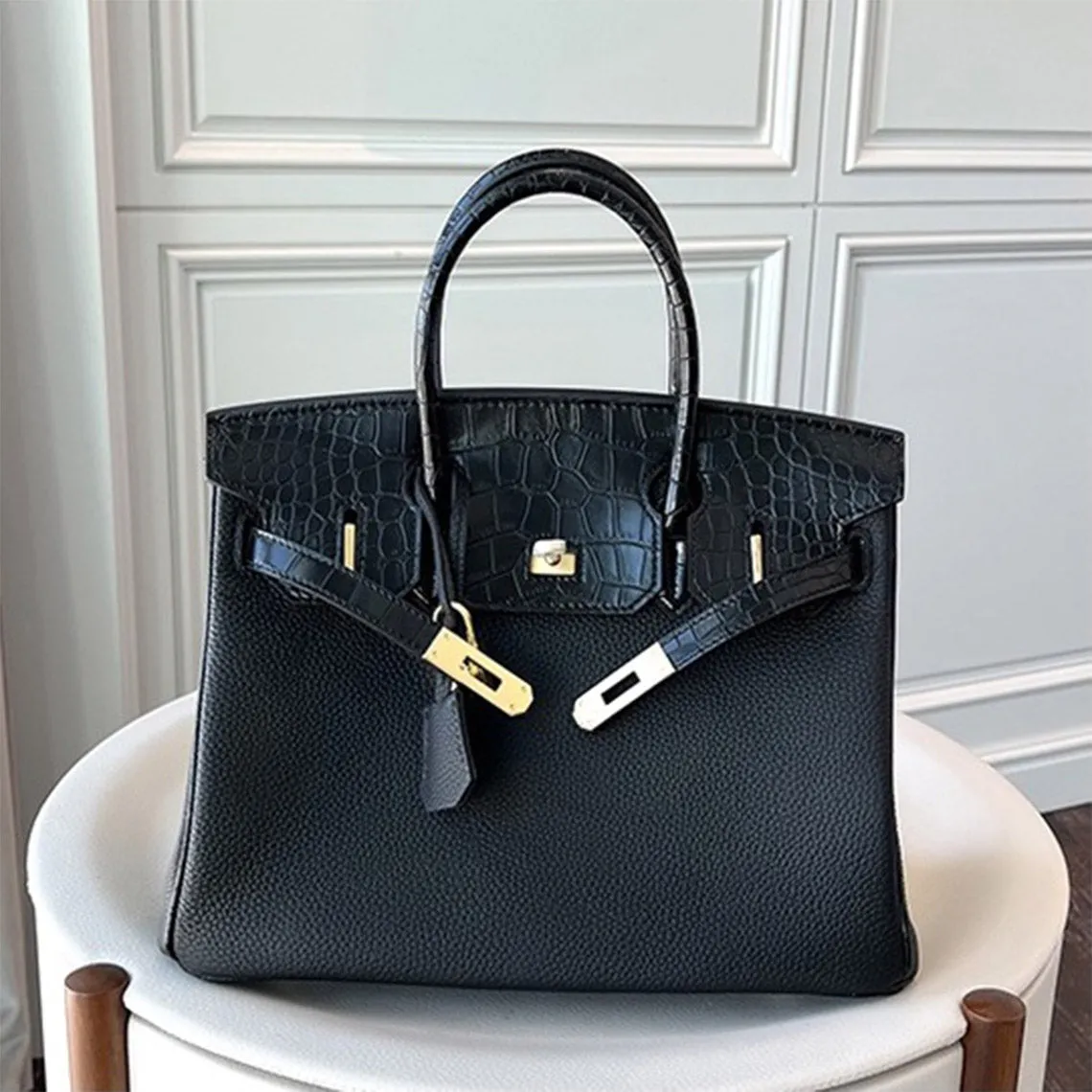 Top Grain Leather Inspired Croc Flap Berkin Bag