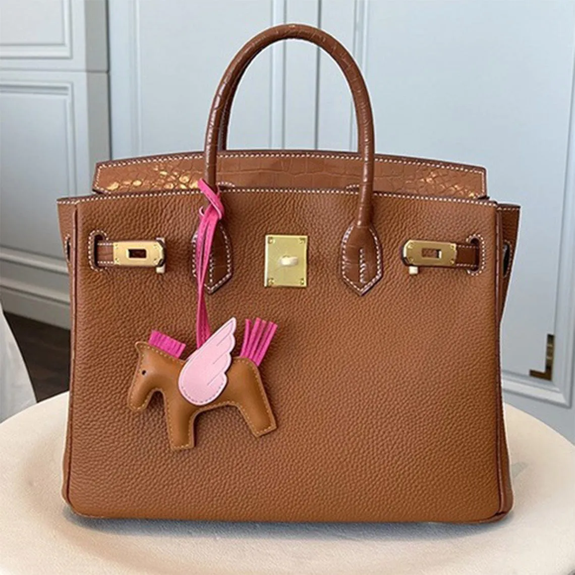 Top Grain Leather Inspired Croc Flap Berkin Bag