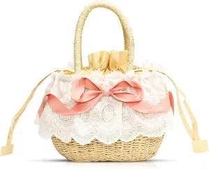 Tote Bag for Women, Beach Bag with Bow Tie and Lace, Handmade Straw Bag, Summer Handbag Suitable for Vacation Travel Daily Matching(Beige)
