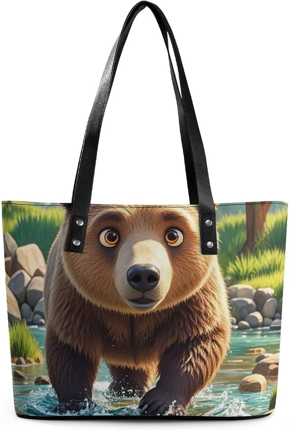 Tote Bag for Women Bear Crossing The River Cartoon Handbags Aesthetic Tote Fashion Shoulder Bags for Beach Work Travel