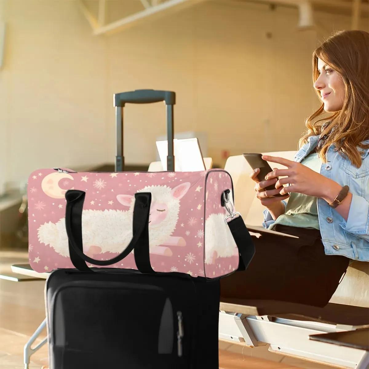 Travel Duffel Bag, Cute Animal Sheep Good Night Sports Tote Gym Bag Foldable Western Aztec Weekender Bag Carry on Luggage Handle Bag Overnight Shoulder Bag for Women Men,A-1703