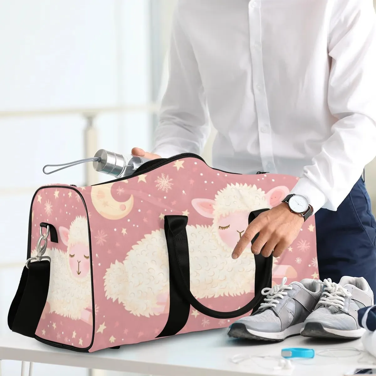 Travel Duffel Bag, Cute Animal Sheep Good Night Sports Tote Gym Bag Foldable Western Aztec Weekender Bag Carry on Luggage Handle Bag Overnight Shoulder Bag for Women Men,A-1703