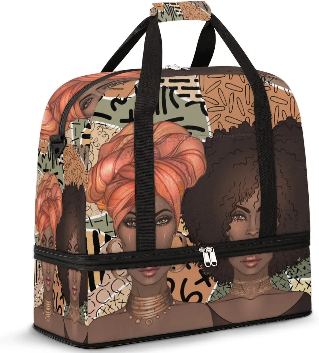 Travel Duffel Bag Egypt African American Woman Sport Gym Bag for Woman Man,Waterproof Foldable Weekend Overnight Bag for Yoga Workout Training with Shoe Compartment