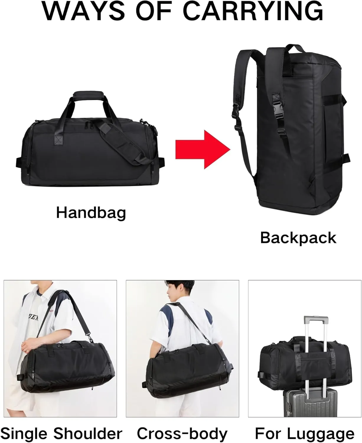 Travel Duffle Bag Backpack for Men Women, 50L Sports Gym Bags with Shoe Compartment & Wet Pocket, Waterproof Carry On Bag Backpack for Workout, Fitness, Overnight Trips Green