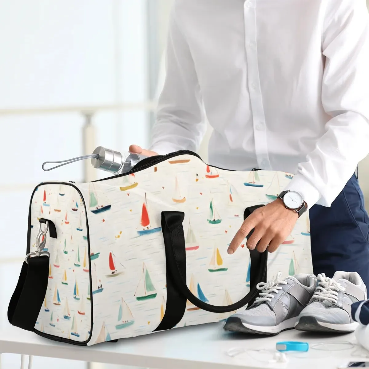Travel Duffle Bag Cartoon Sailboats Gym Bags for Men Women Travel Duffel Bags with Adjustable Shoulder Strap Carry On Weekender Bag