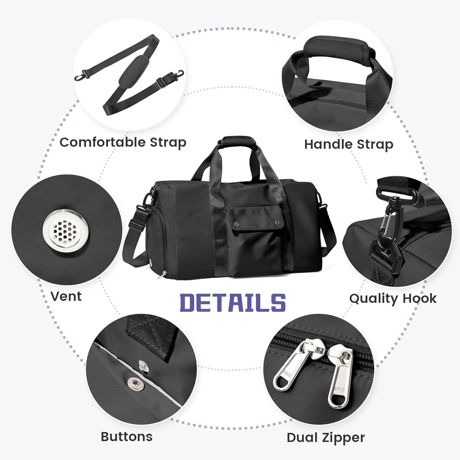 Travel Duffle Bag, Gym Bag with Shoe Compartment, Carry on Bags for Women Weekender Overnight Bag, Underseat Personal Item Bolso de Viaje - Black