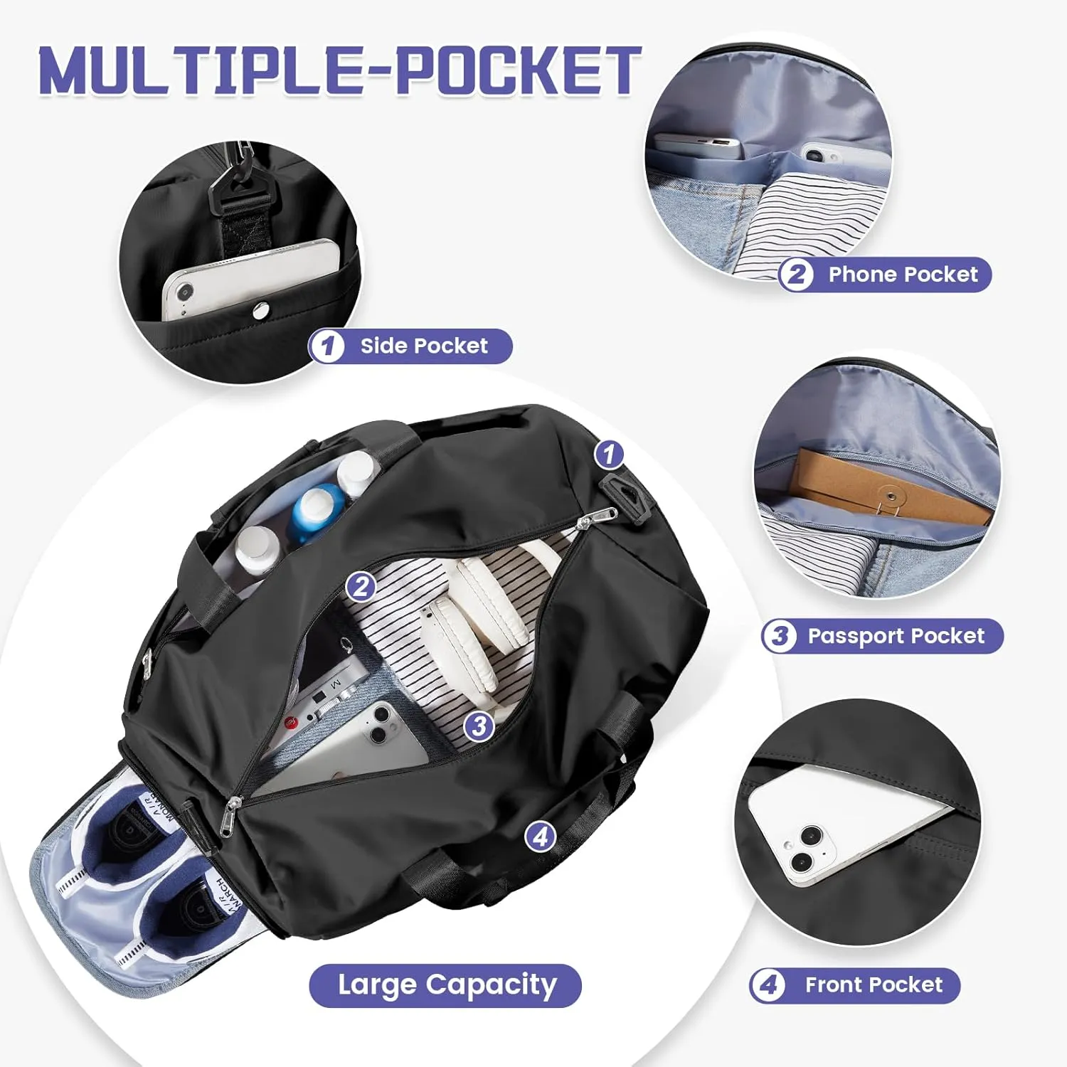 Travel Duffle Bag, Gym Bag with Shoe Compartment, Carry on Bags for Women Weekender Overnight Bag, Underseat Personal Item Bolso de Viaje - Black