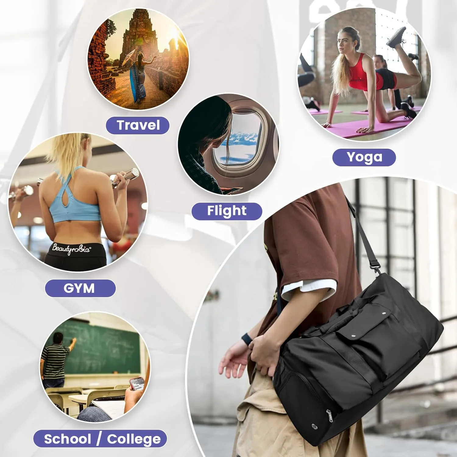 Travel Duffle Bag, Gym Bag with Shoe Compartment, Carry on Bags for Women Weekender Overnight Bag, Underseat Personal Item Bolso de Viaje - Black