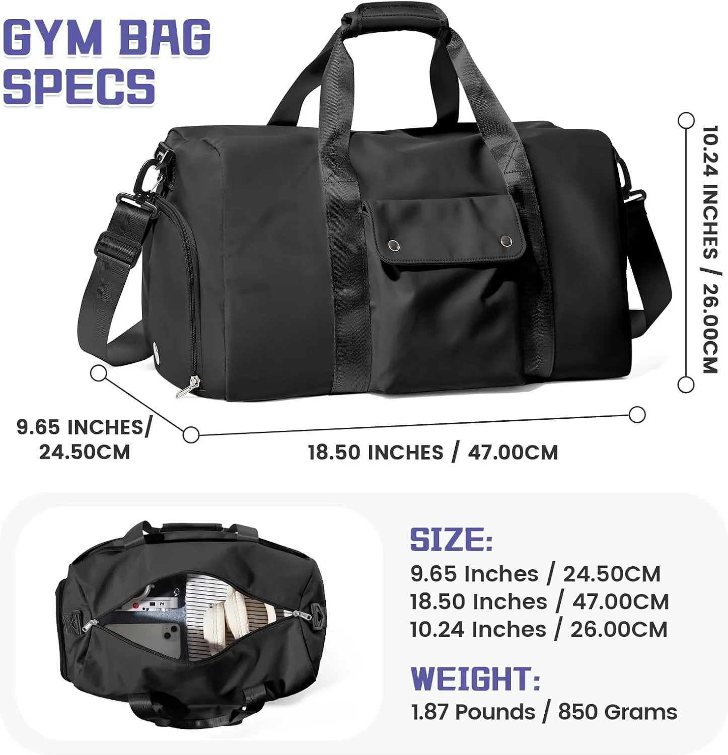 Travel Duffle Bag, Gym Bag with Shoe Compartment, Carry on Bags for Women Weekender Overnight Bag, Underseat Personal Item Bolso de Viaje - Black