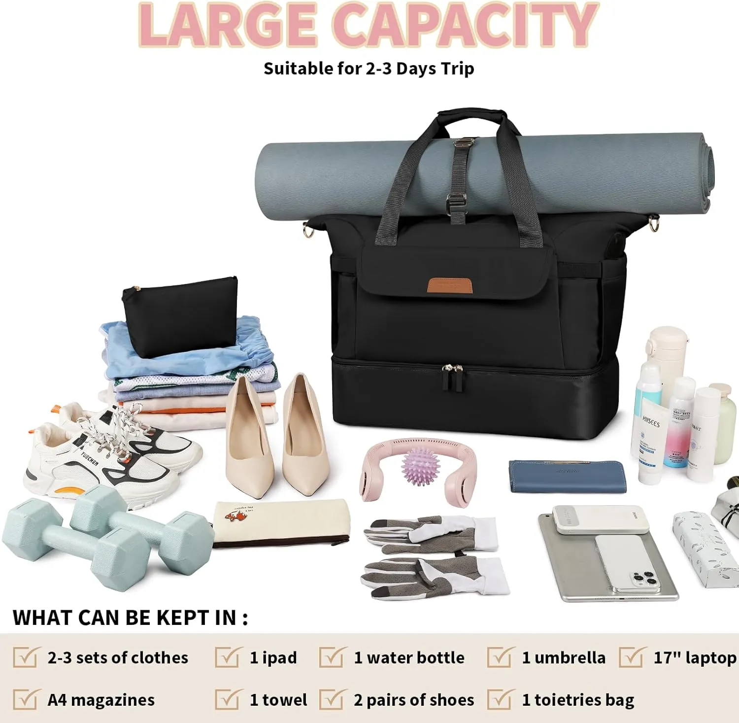 Travel Duffle Bag, Weekender Bags for Women with Shoe Compartment, Carry on Overnight Bag with Toiletry Bag, Duffel Bag with Wet Pocket, Hospital Bags for Labor and Delivery, Black