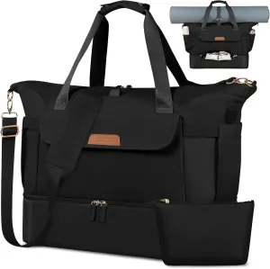 Travel Duffle Bag, Weekender Bags for Women with Shoe Compartment, Carry on Overnight Bag with Toiletry Bag, Duffel Bag with Wet Pocket, Hospital Bags for Labor and Delivery, Black