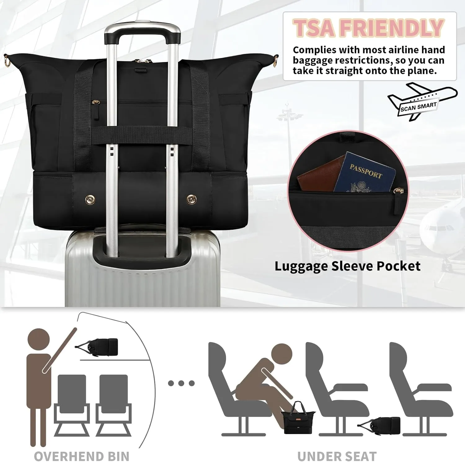 Travel Duffle Bag, Weekender Bags for Women with Shoe Compartment, Carry on Overnight Bag with Toiletry Bag, Duffel Bag with Wet Pocket, Hospital Bags for Labor and Delivery, Black