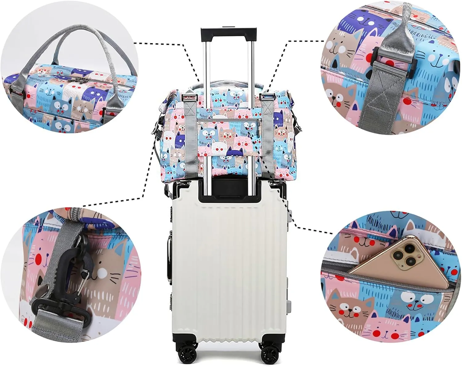Travel Duffle Bag Weekender Overnight Bag Gym Tote with Dry and Wet Separated Pocket for Women Girls Shoulder Workout Duffel Bag Water Resistant (cute cats)