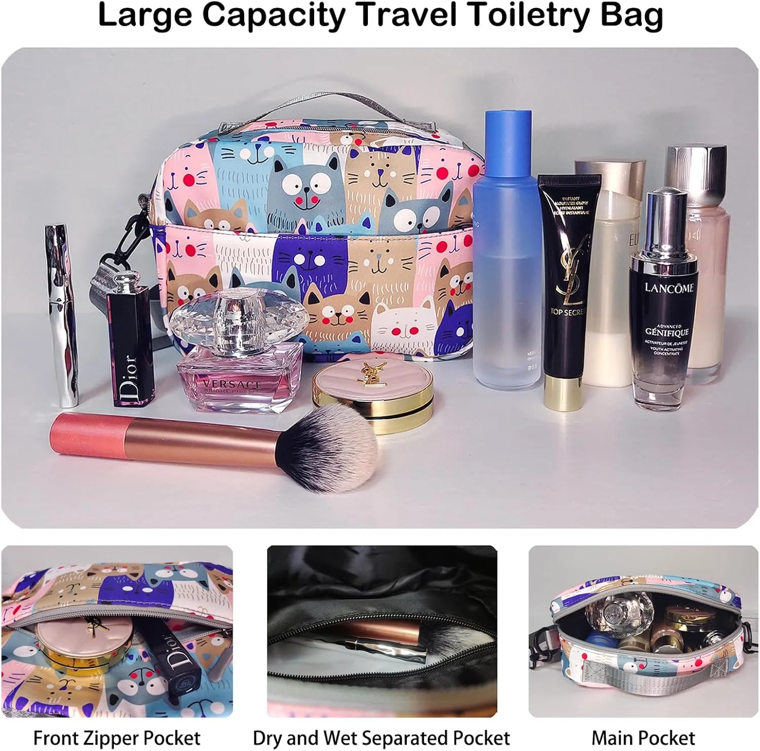 Travel Duffle Bag Weekender Overnight Bag Gym Tote with Wet Pocket for Women Girls Workout Duffel Bag Water Resistant (W-Cute Cats Toiletry Bag)