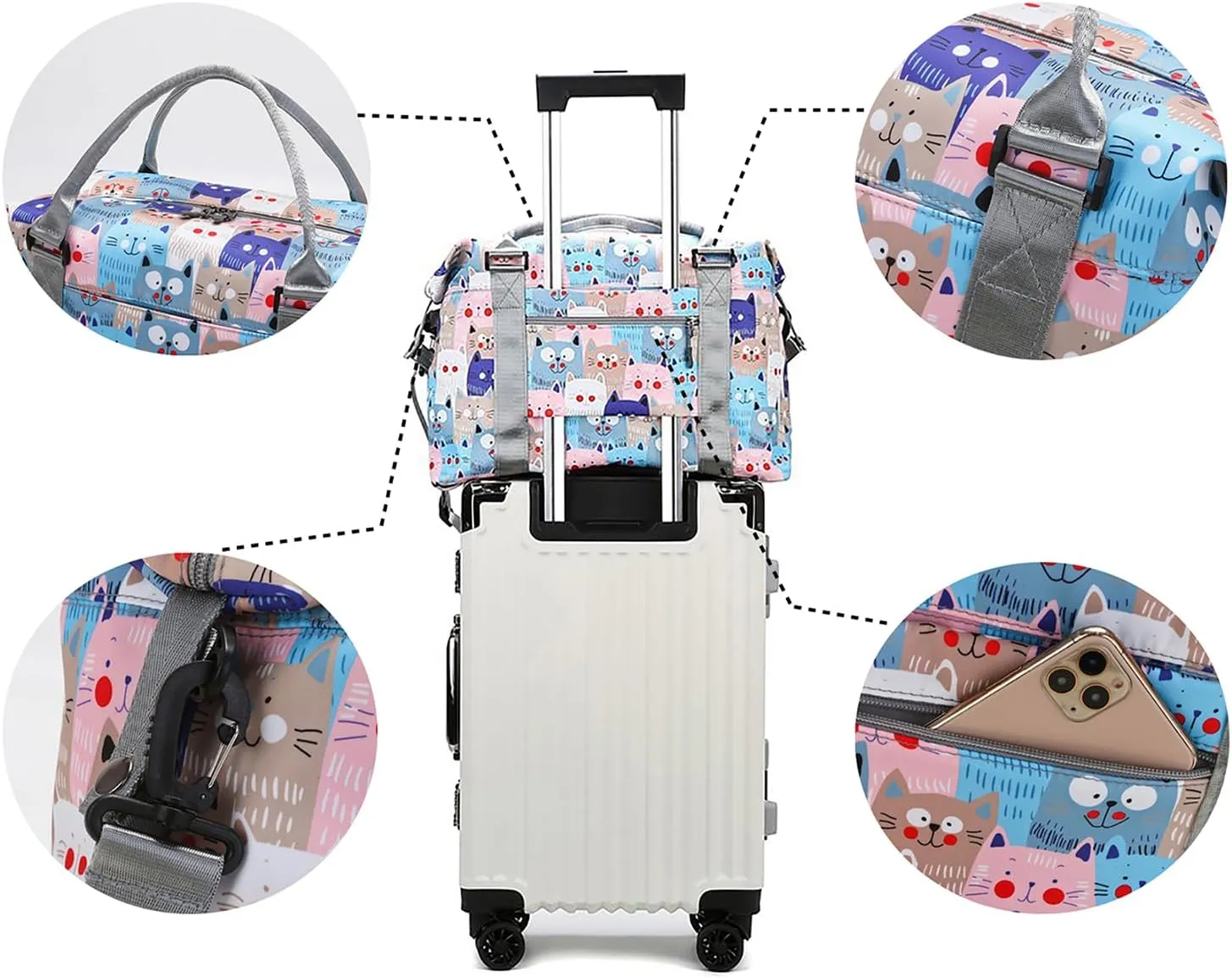 Travel Duffle Bag Weekender Overnight Bag Gym Tote with Wet Pocket for Women Girls Workout Duffel Bag Water Resistant (W-Cute Cats Toiletry Bag)