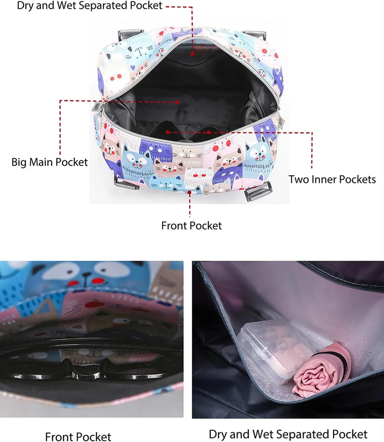 Travel Duffle Bag Weekender Overnight Bag Gym Tote with Wet Pocket for Women Girls Workout Duffel Bag Water Resistant (W-Cute Cats Toiletry Bag)