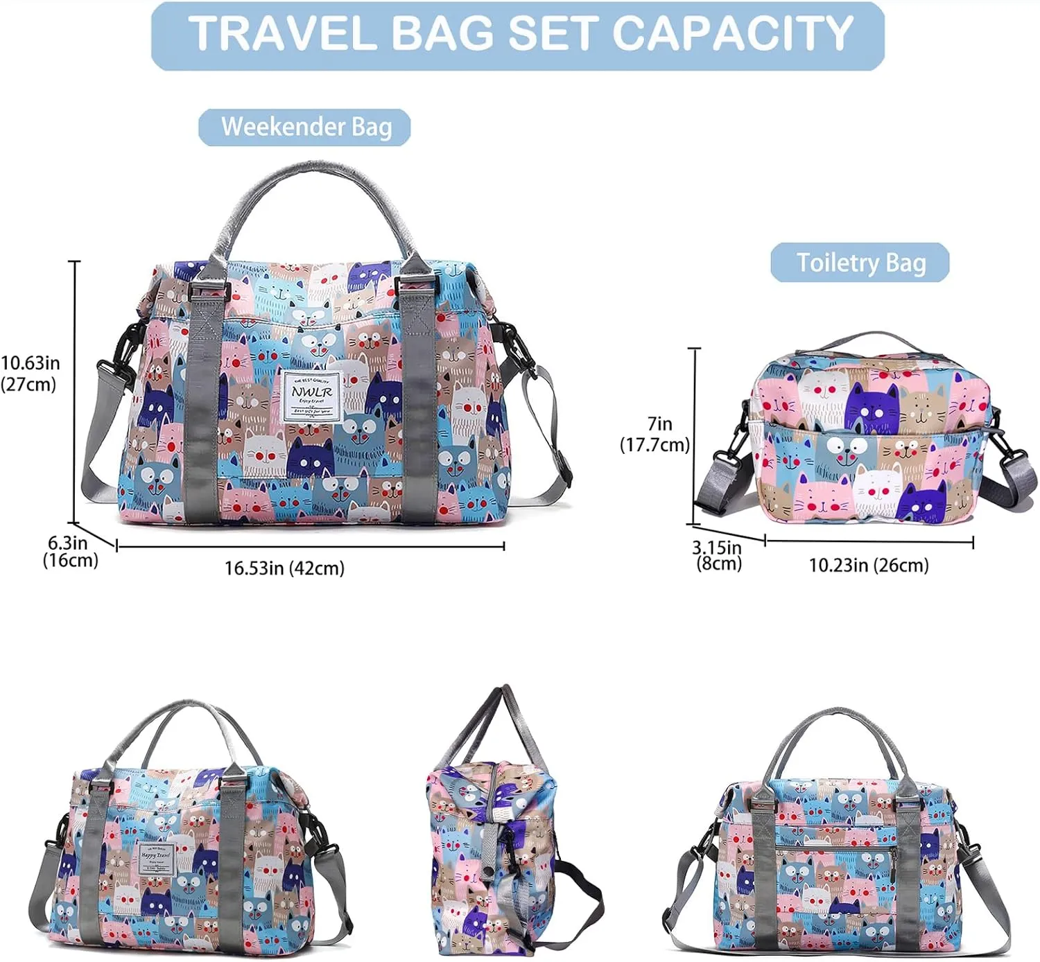 Travel Duffle Bag Weekender Overnight Bag Gym Tote with Wet Pocket for Women Girls Workout Duffel Bag Water Resistant (W-Cute Cats Toiletry Bag)