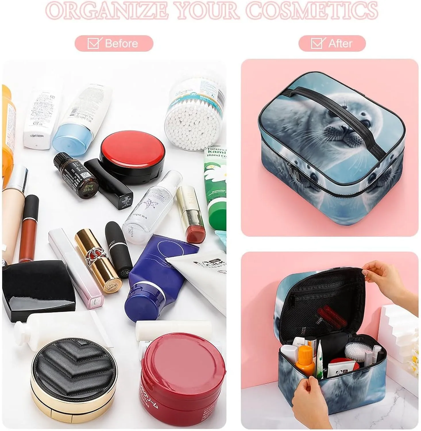 Travel Toiletry Bag for Women And Men,Harp Seal Painting Wallpaper Toiletry Organizer, Makeup Bag Travel Organizer for Shampoo,Toiletries