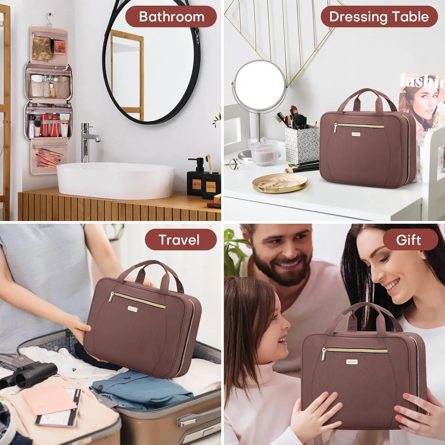 Travel Toiletry Bags with Hanging Hook for Full-size Toiletries, Brushes Set, Cosmetics - Large Red Sandalwood