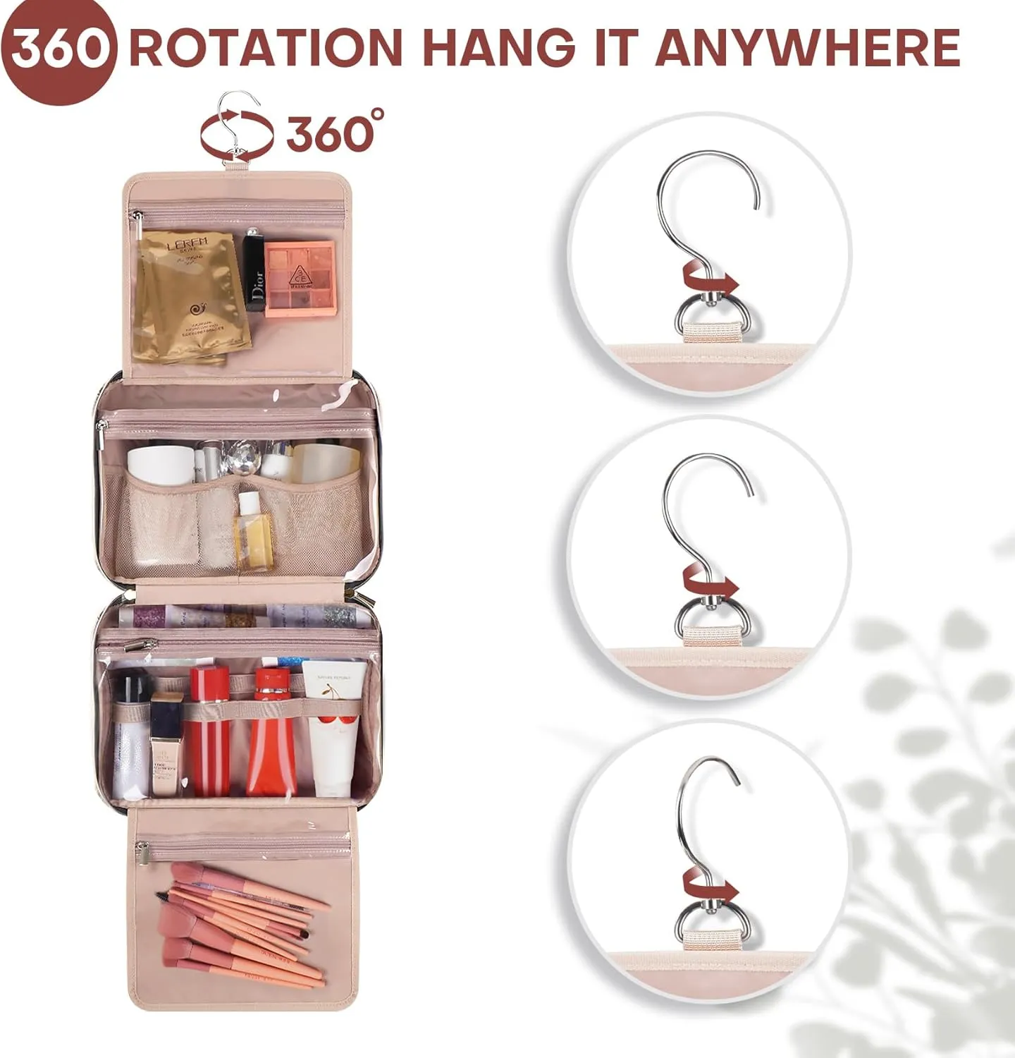 Travel Toiletry Bags with Hanging Hook for Full-size Toiletries, Brushes Set, Cosmetics - Large Red Sandalwood